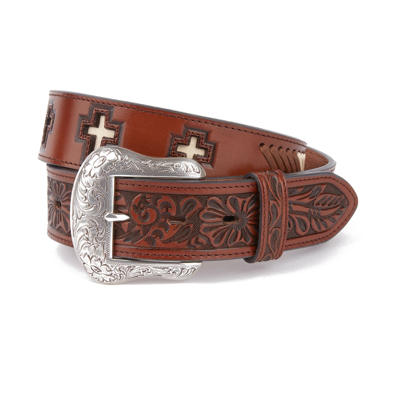 Mustang Ridge MR2192 Cognac Floral Tooled Leather Belt