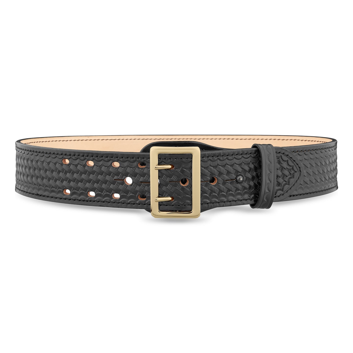 2 1/4" Black Basketweave Leather Sam Browne Duty Belt (2 Row-Stitched) with Gold Buckle