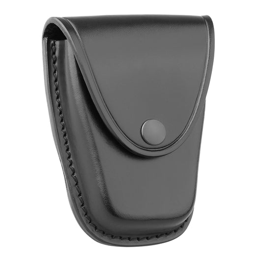 closed classic black leather handcuff case with black button snap