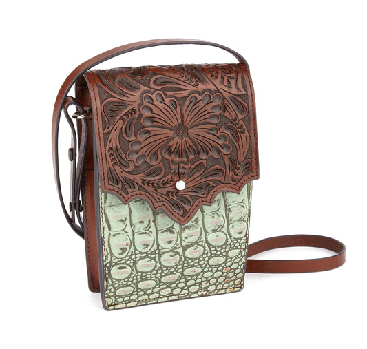 Mustang Ridge MRHB13 Brown Floral Tooled Leather Shoulder Bag