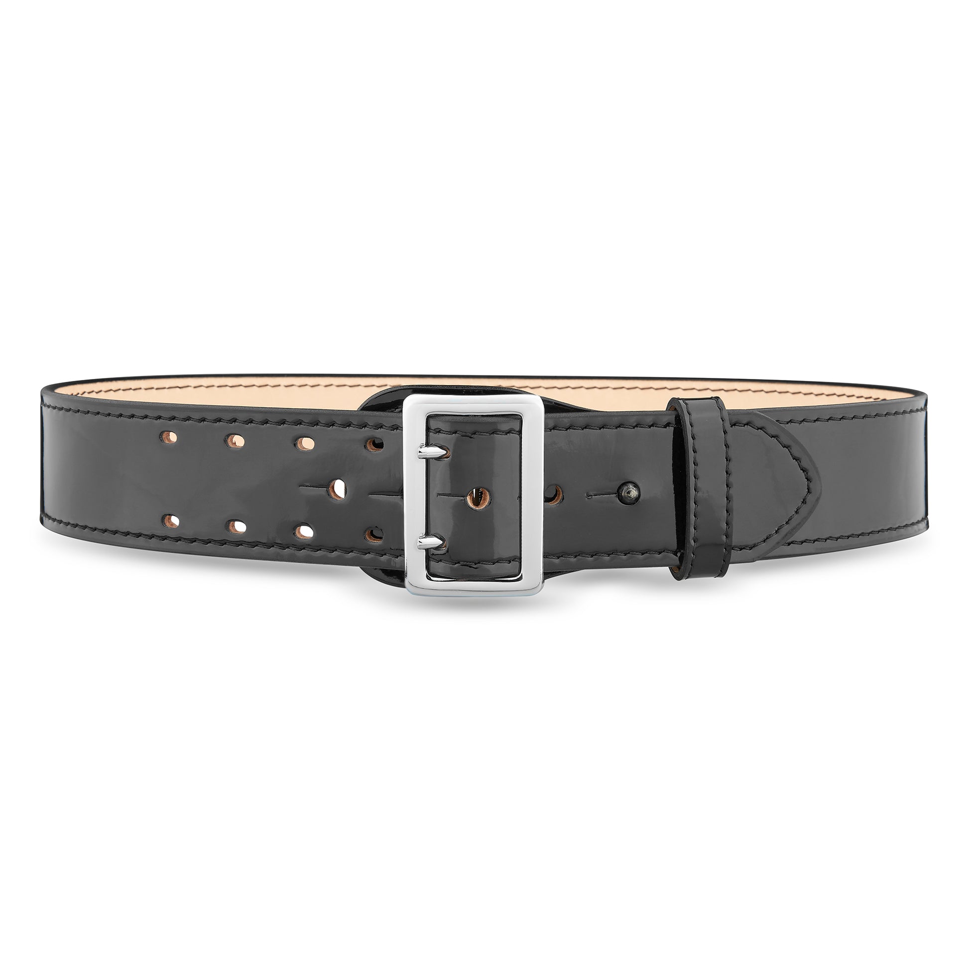 2 1/4" Black High-Gloss Leather Sam Browne 2-Row Stitch Duty Belt with Silver Buckle by Dutyman.