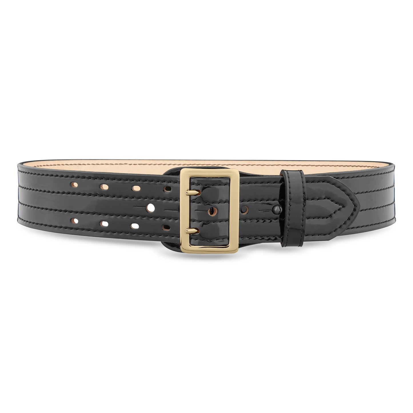 2-1/4" Black High-Gloss Leather Sam Browne 4-Row Stitch Duty Belt with gold buckle.