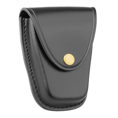closed classic black leather handcuff case with gold button snap